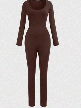 Brown Long-Sleeve Scoop Neck Jumpsuit